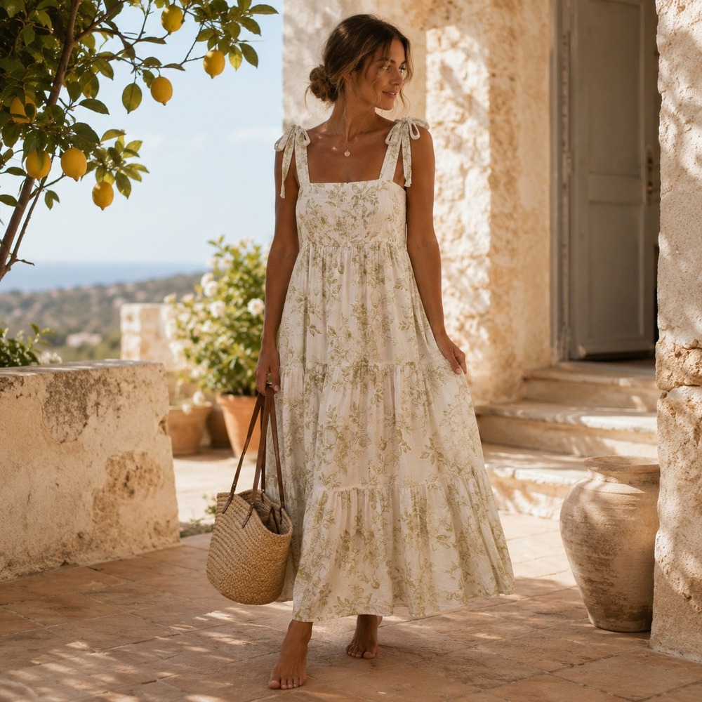 By The River Floral Tiered Midi Dress S Green White Tie Shoulder Cottagecore